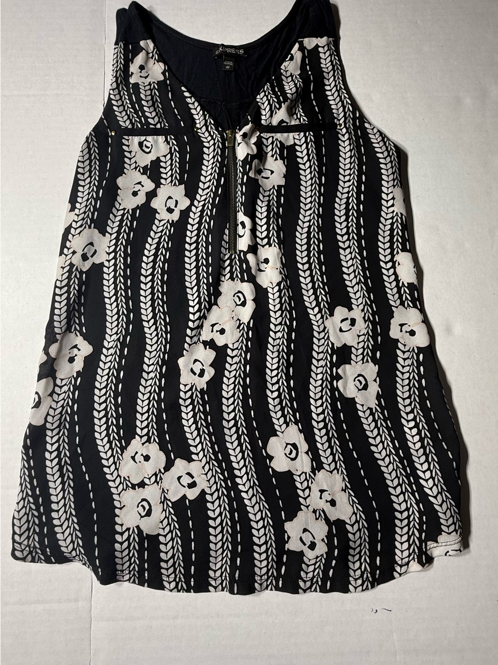 Express Black & Cream Floral Stripe Women’s tank with zipper front embellishmen.